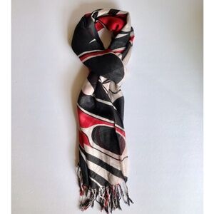 NWOT Native American Design Fringe Scarf 28" X 73" Red Black Pacific Northwest